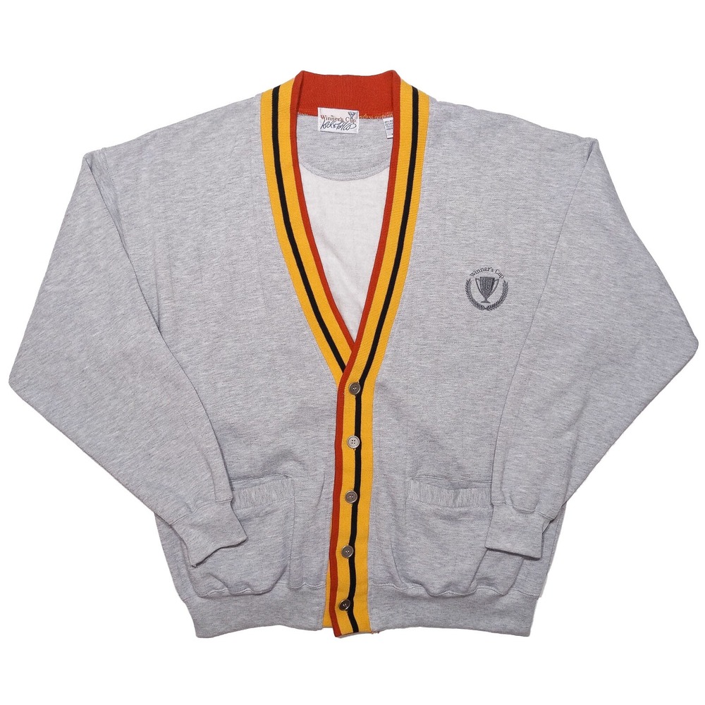Vintage LORD & TAYLOR Winner's Cup Fleece Cardigan Sweater 1980s Gray Large L